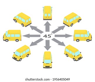 Rotation of the minibus by 45 degrees. Yellow bus in different angles in isometric.