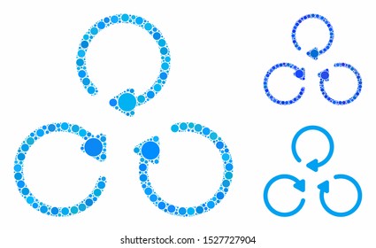 Rotation mosaic of circle elements in different sizes and color tones, based on rotation icon. Vector circle elements are united into blue illustration.