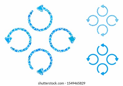 Rotation mosaic of joggly elements in different sizes and color hues, based on rotation icon. Vector irregular elements are composed into mosaic. Rotation icons collage with dotted pattern.