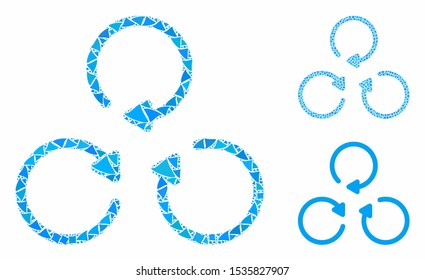 Rotation mosaic of joggly items in variable sizes and color tinges, based on rotation icon. Vector joggly pieces are organized into mosaic. Rotation icons collage with dotted pattern.