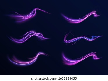 La rotación del destello de partículas y la onda brillante se mueve en un remolino brillante de viento y curva de luz que crea movimiento y elegantes efectos de neón rosa azul en un fondo png transparente

