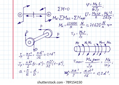 Rotation. Physical equations and outlines on notebook page. Vector hand-drawn illustration. Retro scientific and educational background.