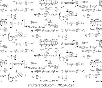 Rotation. Physical equations and outlines on white board. Vector hand-drawn seamless pattern. Retro scientific and educational background.