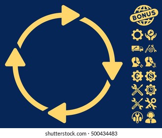 Rotation pictograph with bonus setup tools icon set. Vector illustration style is flat iconic symbols, yellow color, blue background.