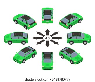 Rotation of pixel car by 45 degrees. The green car in pixel art style in different angles in isometric view.