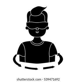 Rotation of player in the virtual reality icon in black style isolated on white background. Virtual reality symbol stock vector illustration.
