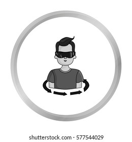 Rotation of player in the virtual reality icon in monochrome style isolated on white background. Virtual reality symbol stock vector illustration.