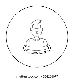 Rotation of player in the virtual reality icon in outline style isolated on white background. Virtual reality symbol stock vector illustration.