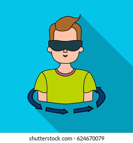 Rotation of player in the virtual reality icon in flate style isolated on white background. Virtual reality symbol stock vector illustration.