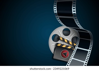 Rotation reel, clapper board and film strip in waveform. Cinema background with place for text. 3d icons of equipment for film industry. Movie template for festival, ticket, brochure, banner, poster.