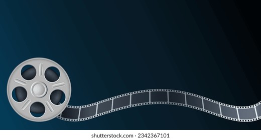 Rotation reel and film strip isolated on blue background. Realistic Cinema Background with place for text. 3d movie art template for cinema festival, ticket, brochure, banner, poster. Movie design