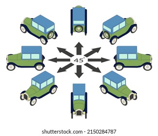 Rotation of retro cars by 45 degrees. The vintage cars in different angles in isometric view.