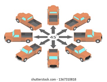 Rotation of the retro pickup truck by 45 degrees. Orange pickup in different angles in isometric.