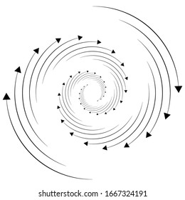 Rotation, revolve, torsion concept circular arrow illustration. Radial, radiating spiral, whirl, twirl of pointers. Arrows for circulation, recycle, recovery concept s