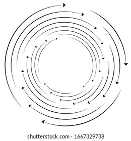Rotation, revolve, torsion concept circular arrow illustration. Radial, radiating spiral, whirl, twirl of pointers. Arrows for circulation, recycle, recovery concept s