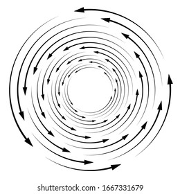 Rotation, revolve, torsion concept circular arrow illustration. Radial, radiating spiral, whirl, twirl of pointers. Arrows for circulation, recycle, recovery concept s
