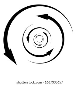 Rotation, revolve, torsion concept circular arrow illustration. Radial, radiating spiral, whirl, twirl of pointers. Arrows for circulation, recycle, recovery concept s