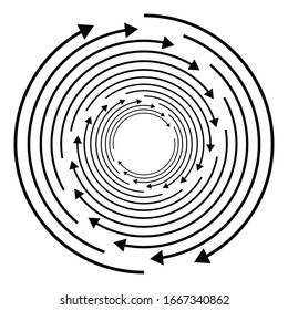 Rotation, revolve, torsion concept circular arrow illustration. Radial, radiating spiral, whirl, twirl of pointers. Arrows for circulation, recycle, recovery concept s