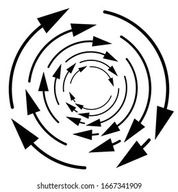 Rotation, revolve, torsion concept circular arrow illustration. Radial, radiating spiral, whirl, twirl of pointers. Arrows for circulation, recycle, recovery concept s