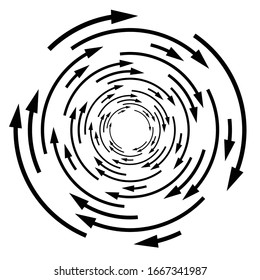 Rotation, revolve, torsion concept circular arrow illustration. Radial, radiating spiral, whirl, twirl of pointers. Arrows for circulation, recycle, recovery concept s
