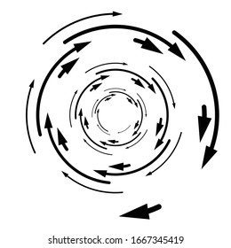 Rotation, revolve, torsion concept circular arrow illustration. Radial, radiating spiral, whirl, twirl of pointers. Arrows for circulation, recycle, recovery concept s