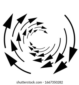 Rotation, revolve, torsion concept circular arrow illustration. Radial, radiating spiral, whirl, twirl of pointers. Arrows for circulation, recycle, recovery concept s