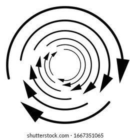 Rotation, revolve, torsion concept circular arrow illustration. Radial, radiating spiral, whirl, twirl of pointers. Arrows for circulation, recycle, recovery concept s