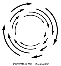 Rotation, revolve, torsion concept circular arrow illustration. Radial, radiating spiral, whirl, twirl of pointers. Arrows for circulation, recycle, recovery concept s
