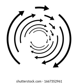 Ilustración de flecha circular de concepto de rotación, revolución y torsión. Espiral radiante, torbellino, torbellino de punteros. Filas para circulación, reciclaje, concepto de recuperación