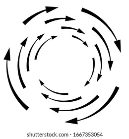 Rotation, revolve, torsion concept circular arrow illustration. Radial, radiating spiral, whirl, twirl of pointers. Arrows for circulation, recycle, recovery concept s