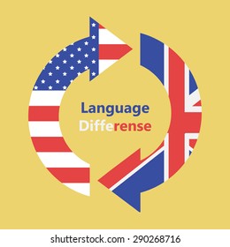 Rotation sign,differense between british and american languages,speech,accent. Arrows filled in national flags style.Flat style vector illustration EPS8