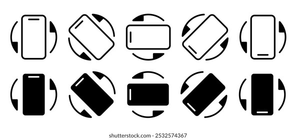 rotation of smartphone or mobile phone icon set (solid fill). rotation arrows around phone display icons. 