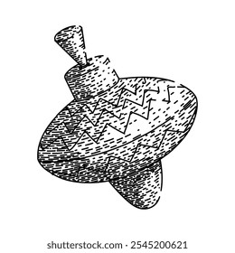 rotação girando mão superior desenhada. movimento físico, eixo momento, inércia de fricção rotação girando esboço de vetor superior. ilustração em preto isolado