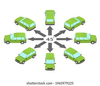 Rotation of the station wagon car by 45 degrees. Estate car in different angles in isometric.