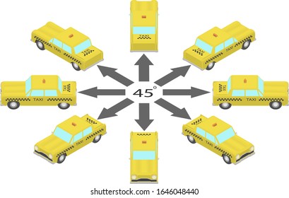 Rotation Of The Taxi Car By 45 Degrees. Cab In Different Angles In Isometric.