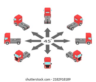 Rotation of trucks without semi-trailer by 45 degrees. Tractor unit in different angles in isometric view.