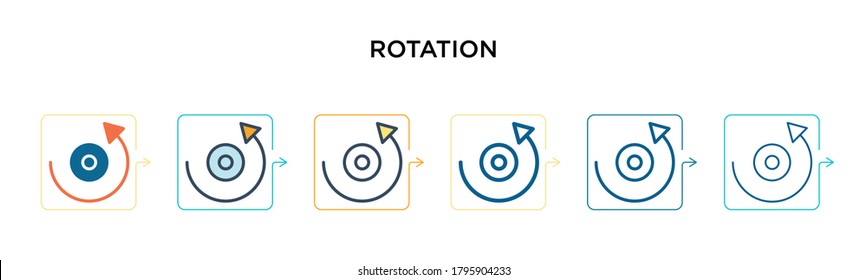 Rotation Vektorsymbol in 6 verschiedenen modernen Stilen. Schwarze, zweifarbige Rotationssymbole, die im Stil von Umriss, Linien und Strich entworfen wurden. Vektorgrafik kann für Web, Mobile, i