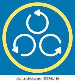 Rotation vector icon. Style is bicolor flat circled symbol, yellow and white colors, rounded angles, blue background.