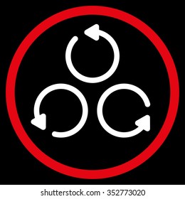 Rotation vector icon. Style is bicolor flat circled symbol, red and white colors, rounded angles, black background.