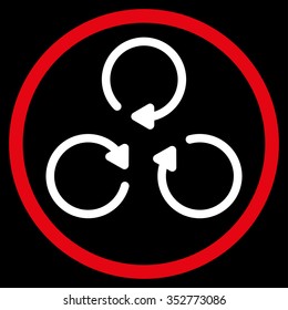Rotation vector icon. Style is bicolor flat circled symbol, red and white colors, rounded angles, black background.