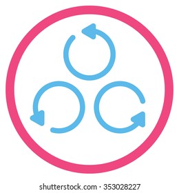 Rotation vector icon. Style is bicolor flat circled symbol, pink and blue colors, rounded angles, white background.