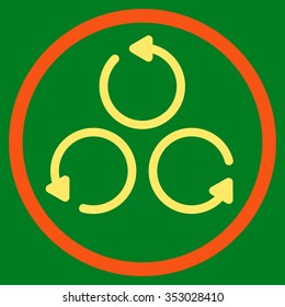 Rotation vector icon. Style is bicolor flat circled symbol, orange and yellow colors, rounded angles, green background.