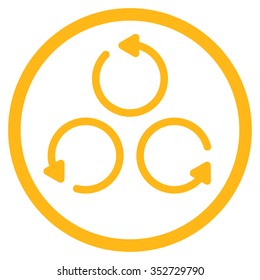Rotation vector icon. Style is flat circled symbol, yellow color, rounded angles, white background.