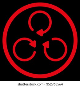 Rotation vector icon. Style is flat circled symbol, red color, rounded angles, black background.