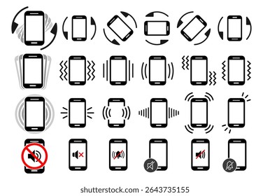 rotação, vibração, silencioso, toque ícone conjunto para smartphone. telefone mudo, som, vibrar, girar sinal conjunto. eps ícones planos conjunto refletindo reunião, sem ruído, rotação, alto, falar, girando etc conceito.	