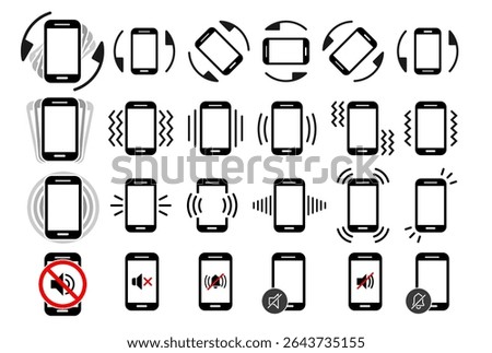 rotation, vibration, silent, ringing icon set for smartphone. phone mute, sound, vibrate, rotate sign set. eps flat icons set reflecting meeting, no noise, rotation, loud, speak, turning etc concept.	