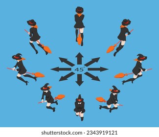 Rotation of witch on a broomstick by 45 degrees. Woman with a broom in different angles in isometric view.