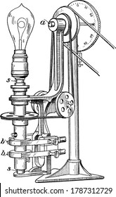 Rotator, used in photometry, for the measure of light, in which, the lamp to be tested is mounted upon a revolving spindle, vintage line drawing or engraving illustration.