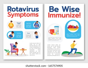 Rotavirus symptoms flat vector brochure template. Be wise, immunize. Flyer, booklet, printable leaflet design. Magazine page, cartoon annual reports, infographic posters with text space