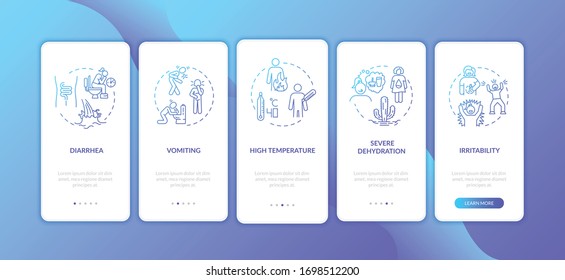 Rotavirus symptoms onboarding mobile app page screen with concepts. Stomach flu infection signs walkthrough 5 steps graphic instructions. UI vector template with RGB color illustrations